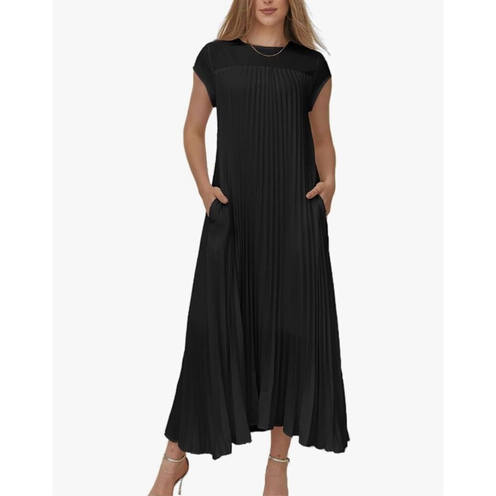 NEW BLACK Pleated Short Sleeve Crewneck Flowy Swing Maxi Dress Pockets L